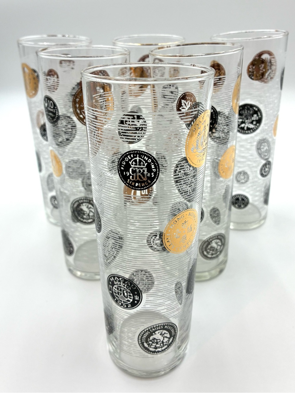 VTG Libbey Tom Collins Glasses Set of 6 International Coins Black Gold MCM 7"